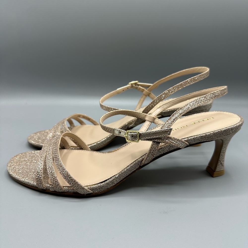 Pelle Moda BLANE LOW HEEL Evening Heels Sandals Golden Metallic Textile Size 10M